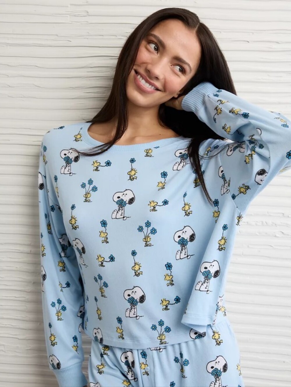 Light Blue Snoopy Print Pajama Top and Bottom Set